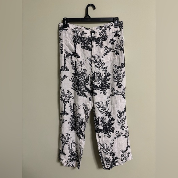 Joie Crop Pants Wide Leg Linen Tree Printed Ivory/Black Pockets Size 12 High New - Picture 1 of 8